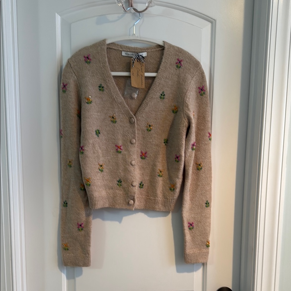 Floral Embroidered Beige Sweater